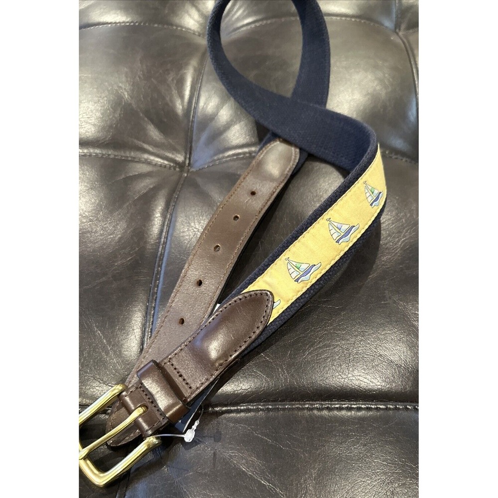 Vineyard Vines Yellow Sailboat Fabric Belt Size 30 Brown Leather Brass Buckle